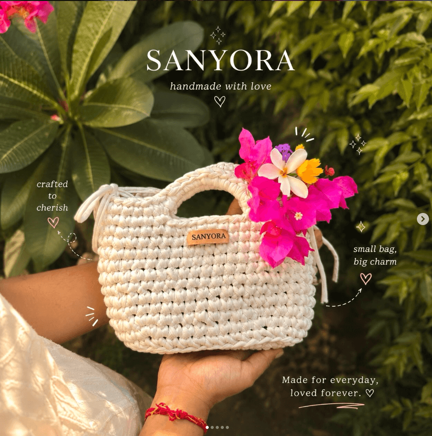 Close-up of the mini basket's tight ivory stitches
